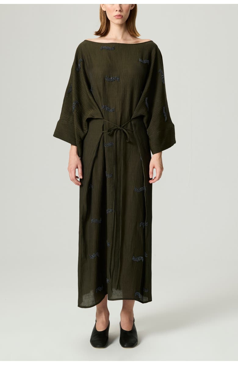 Nocturne Embroidered Crinkle-Knit Kimono Maxi Dress, Main, color, Khaki