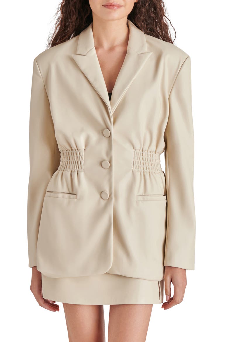 Frida Smock Waist Faux Leather Blazer, Main, color, BONE