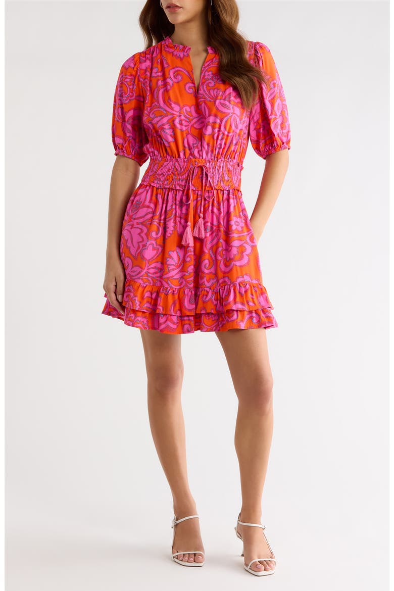 Marinda Floral Jurie Smocked Minidress, Main, color, ORANGE-FUCHSIA