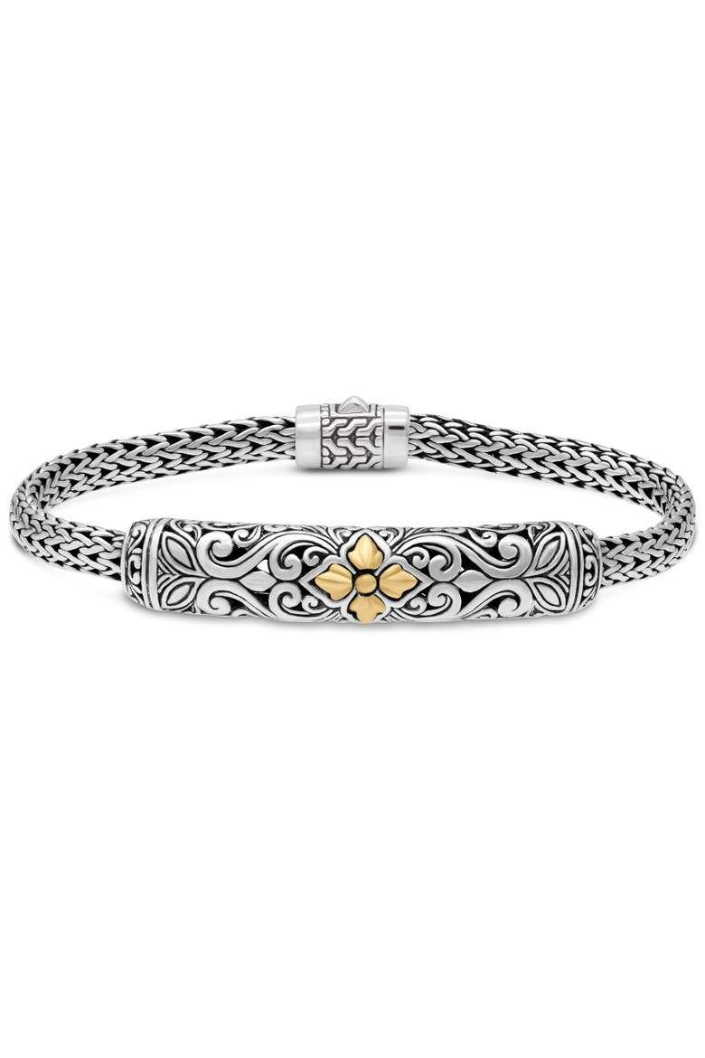 Maple Leaf on Filigree with Dragon Bone Chain Bracelet in Sterling Silver and 18K Gold Accents, Main, color, Silver
