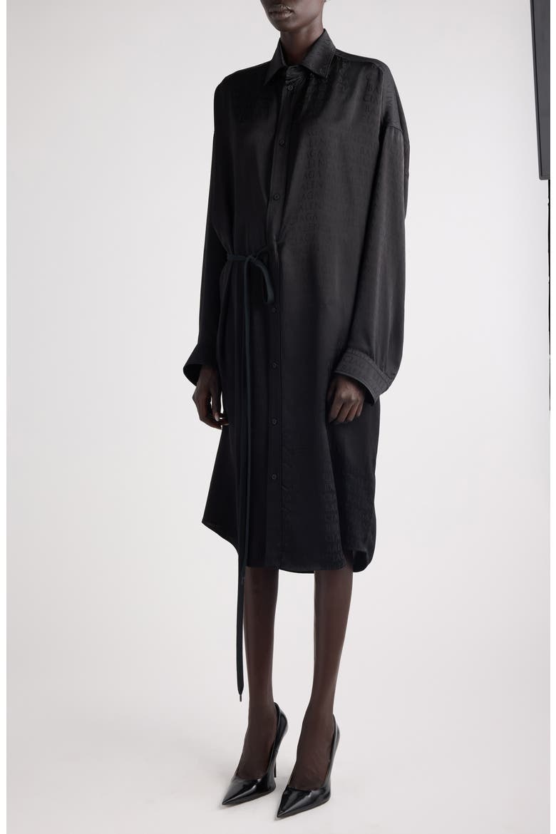 Cocoon Logo Jacquard Oversize Long Sleeve Satin Shirtdress, Alternate, color, 1000 BLACK
