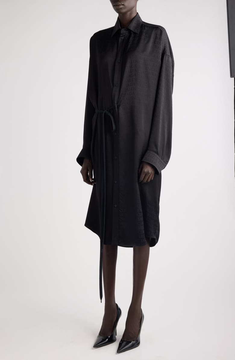 Balenciaga Cocoon Logo Jacquard Oversize Long Sleeve Satin Shirtdress, Alternate, color, 1000 Black