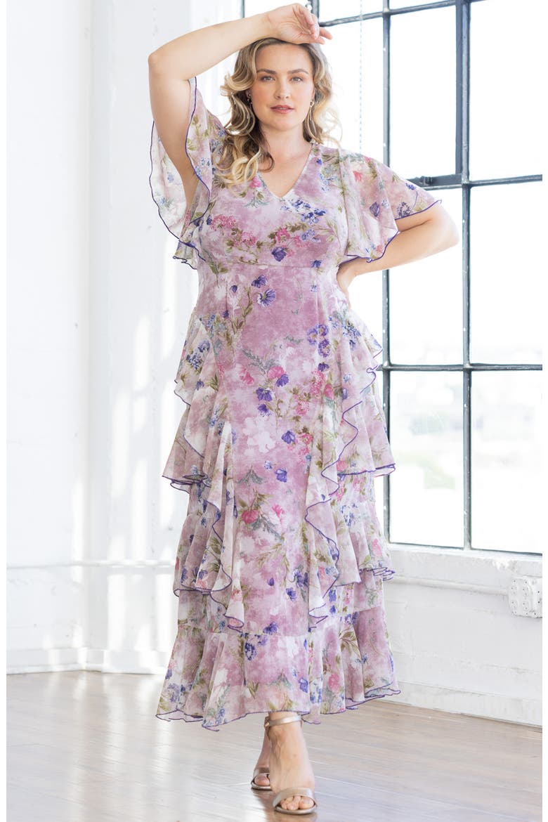 Tour de Flounce Tiered Maxi Dress, Alternate, color, LILAC FLORAL PRINT