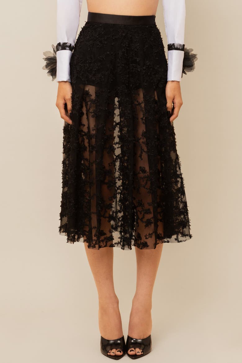 Raven Lace Satin-Trim Skirt, Main, color, Black