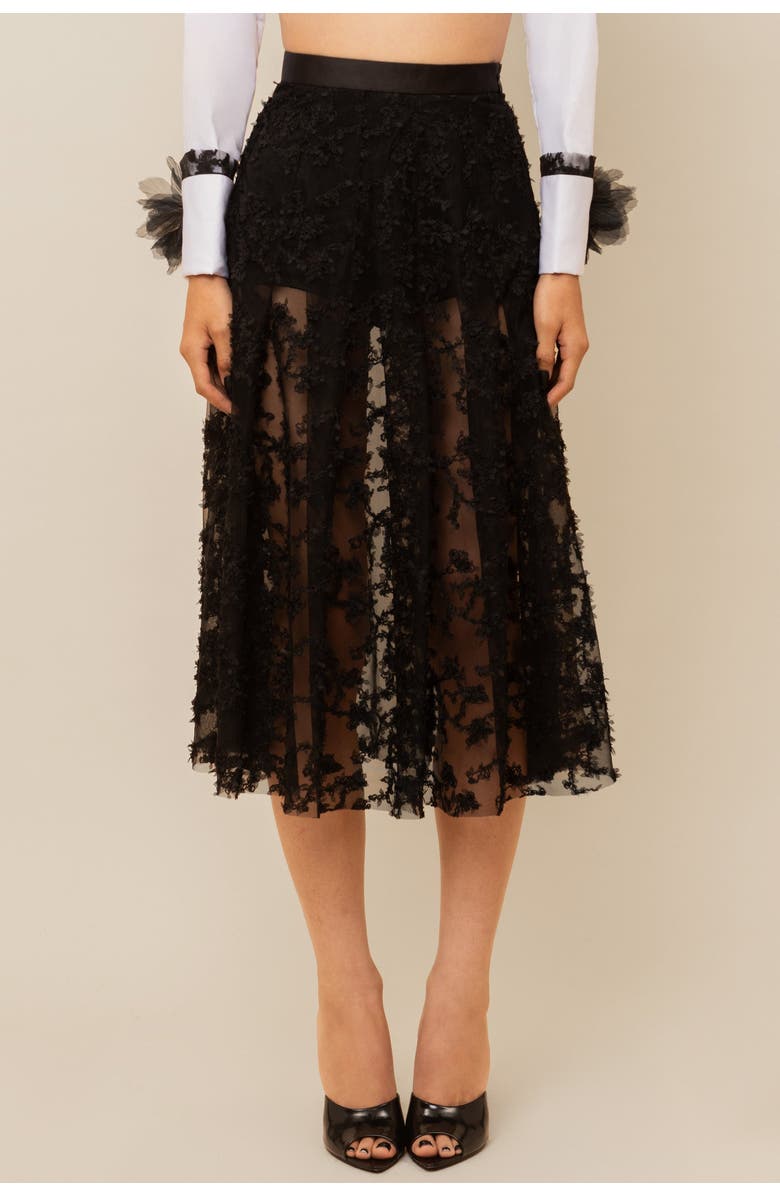 Contessa Mills Raven Lace Satin-Trim Skirt, Main, color, Black