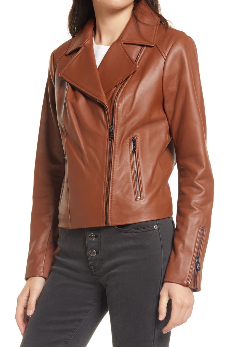 Leather Moto Jacket, Alternate, color, COGNAC