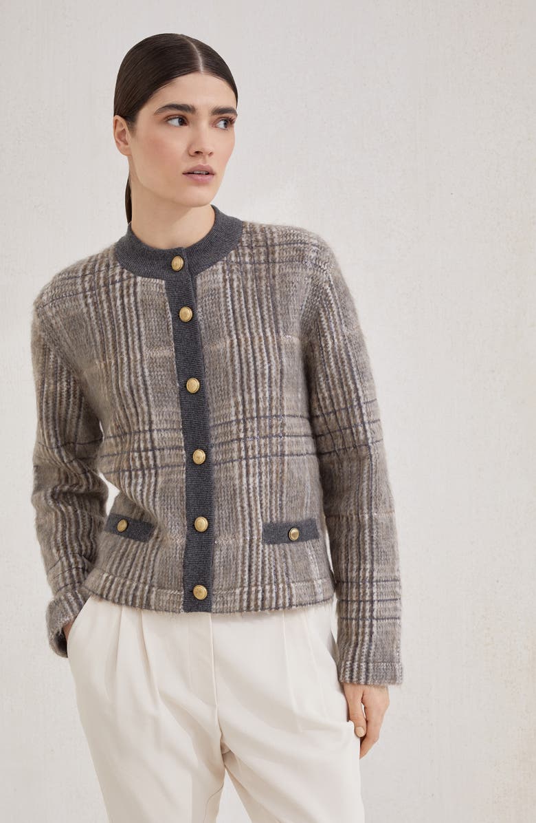 Brunello Cucinelli Jacquard cardigan with dazzling check, Alternate, color, Grey