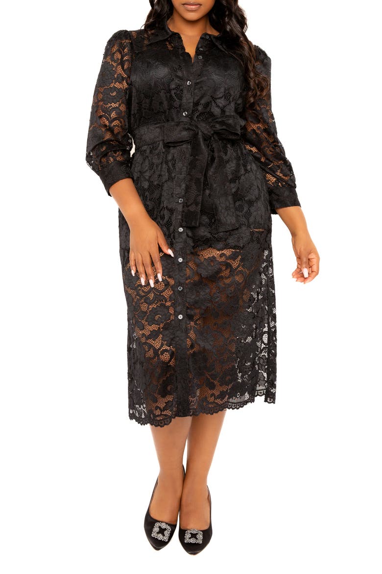 Floral Tie Belt Lace Midi Shirtdress, Alternate, color, BLACK