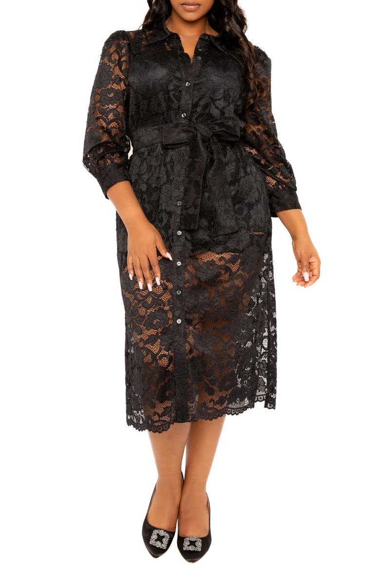 BUXOM COUTURE Floral Tie Belt Lace Midi Shirtdress, Alternate, color, Black