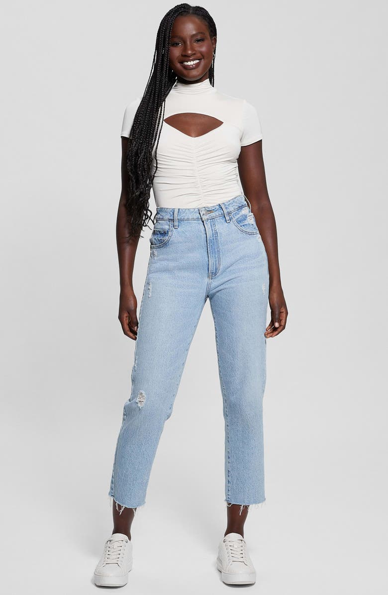 GUESS Brienna Cutout Jersey Top, Alternate, color, Pearl Oyster