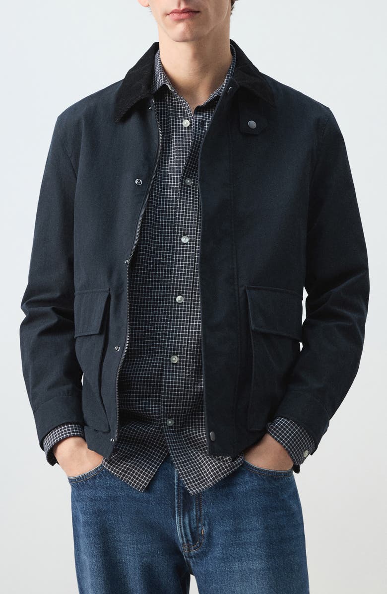 MANGO Contrast Collar Water Repellent Jacket, Main, color, Navy