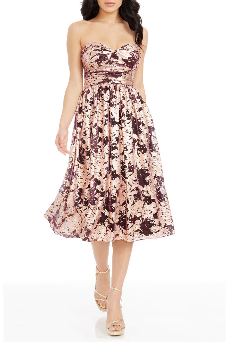 Mandy Metallic Floral Strapless Cocktail Dress, Main, color, COPPER MULTI