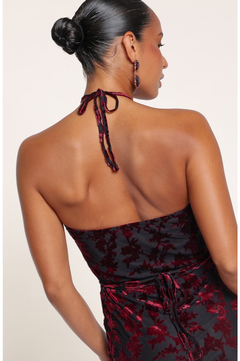 Brynne Halter Neck Burnout Velvet Midi Dress, Alternate, color, BERRY VELVET BURNOUT