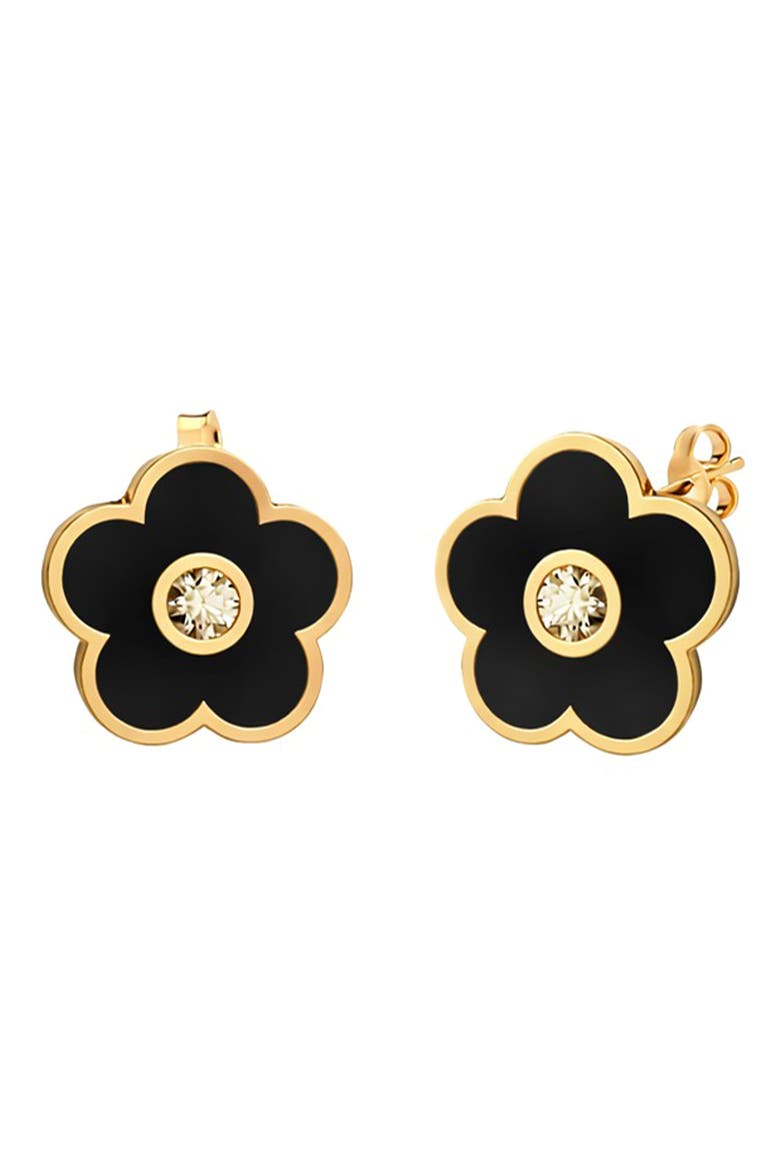 Cubic Zirconia & Enamel Flower Stud Earrings, Main, color, GOLD/ BLACK