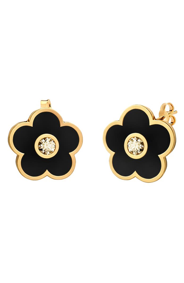 GABI RIELLE Cubic Zirconia & Enamel Flower Stud Earrings, Main, color, Gold/ Black