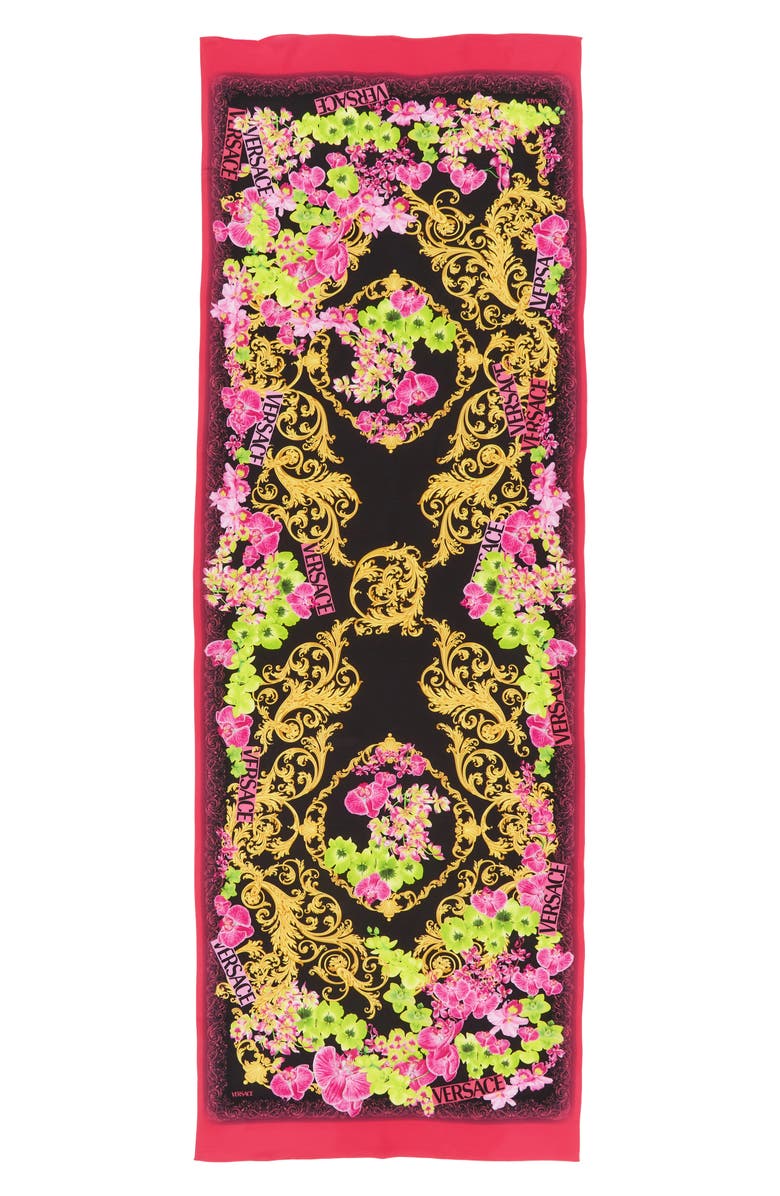 Versace Baroque Orchid Print Silk Scarf, Main, color,