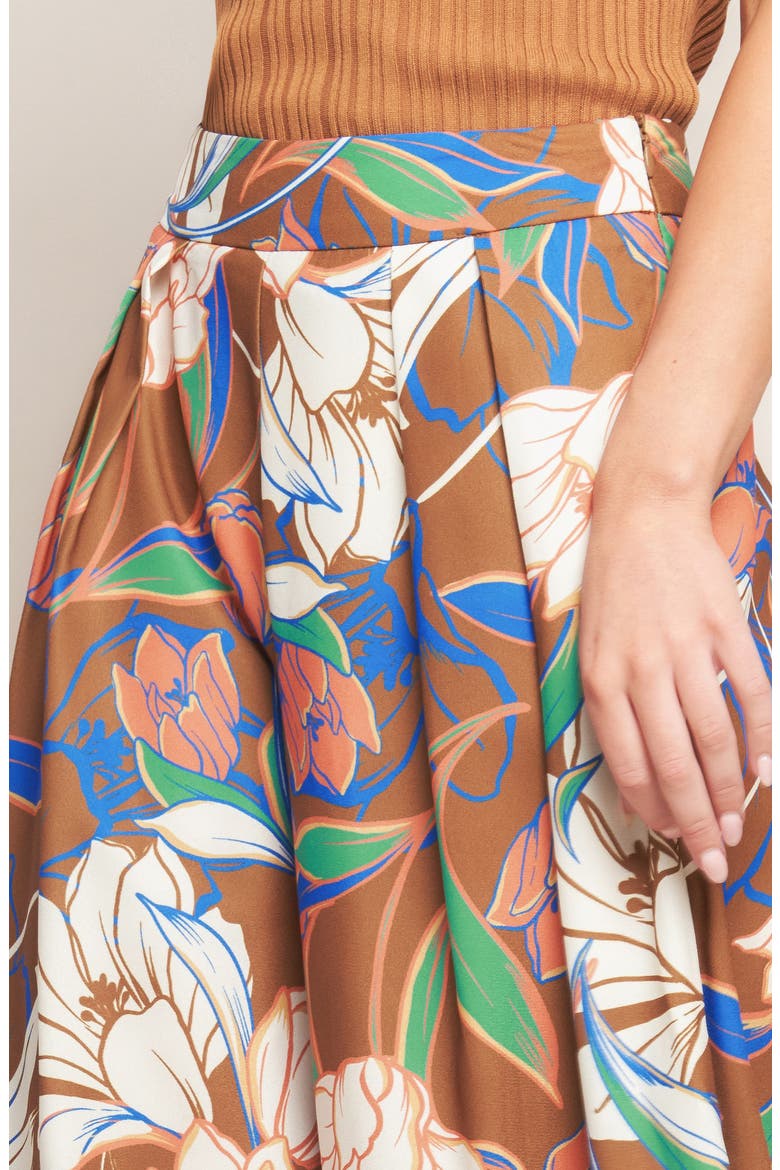Floral Pleated Front Wide Leg Pants, Alternate, color, BROWN