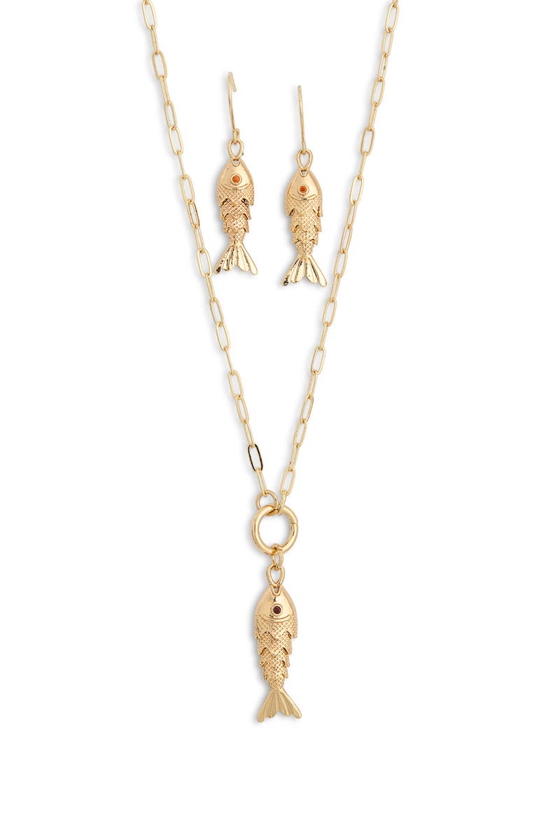 NATASHA Articulated Fish Earrings & Pendant Necklace Set, Main, color, Gold/ Ivory