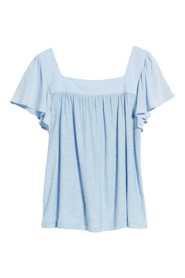 Ruffle Sleeve Mix Media Cotton Blend Blouse, Alternate, color, LIGHT CHAMBRAY HEATHER