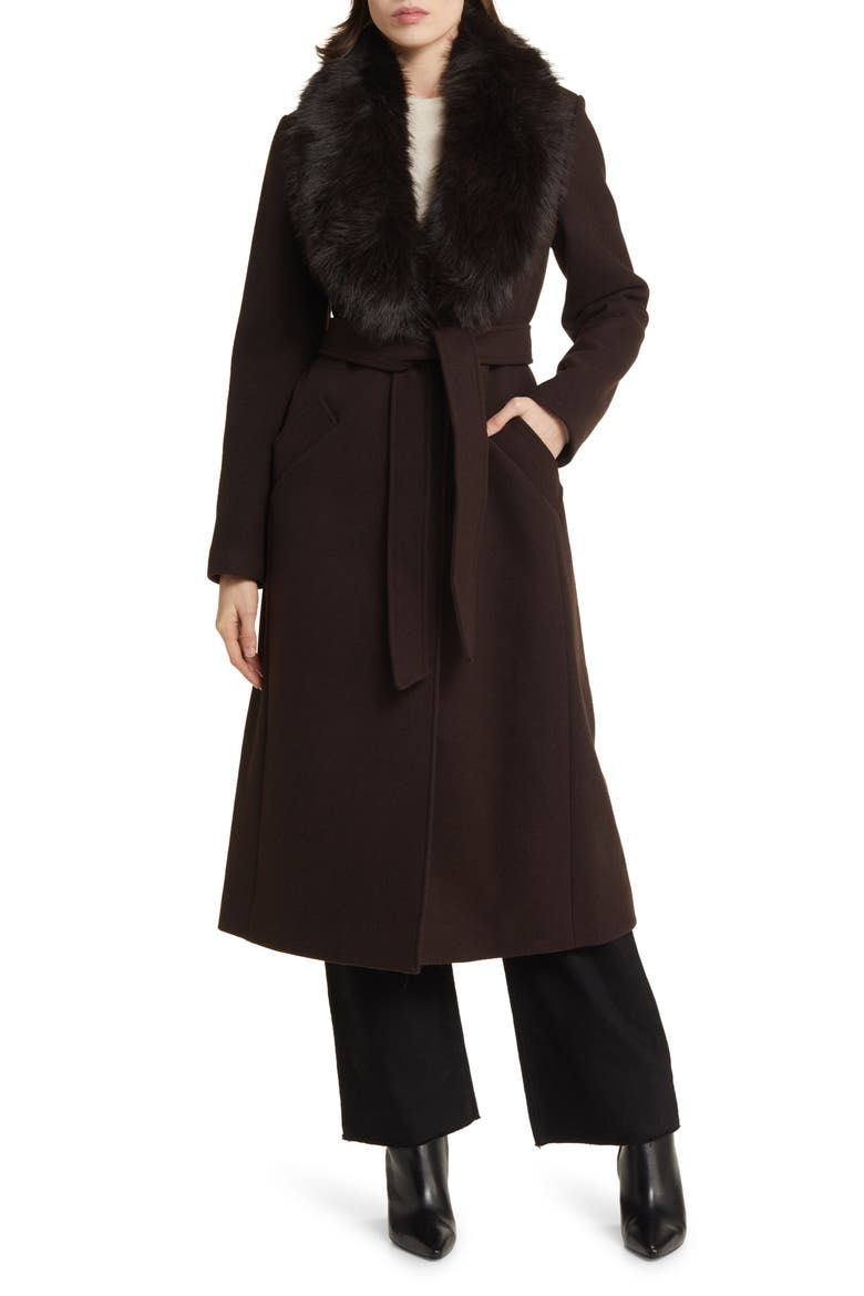 Belted Longline Wool Blend Coat with Faux Fur Collar, Main, color, CHOCOLATE