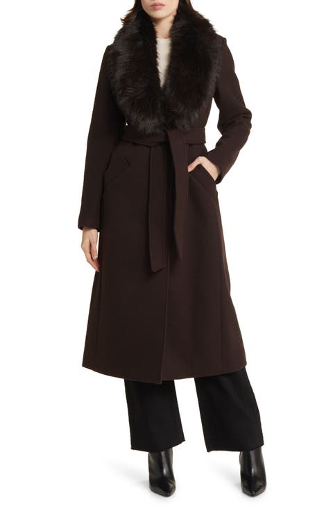 Belted Longline Wool Blend Coat with Faux Fur Collar