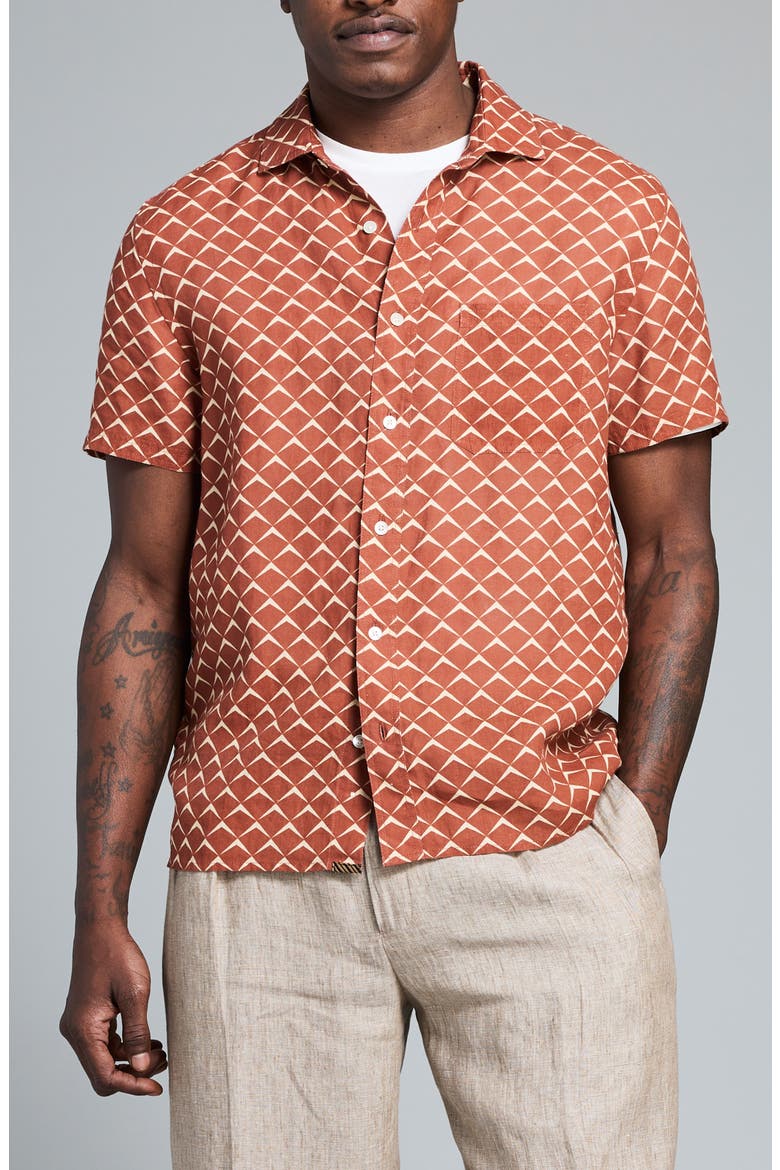 Pagoda Short Sleeve Linen Button-Up Shirt, Main, color, UMBER
