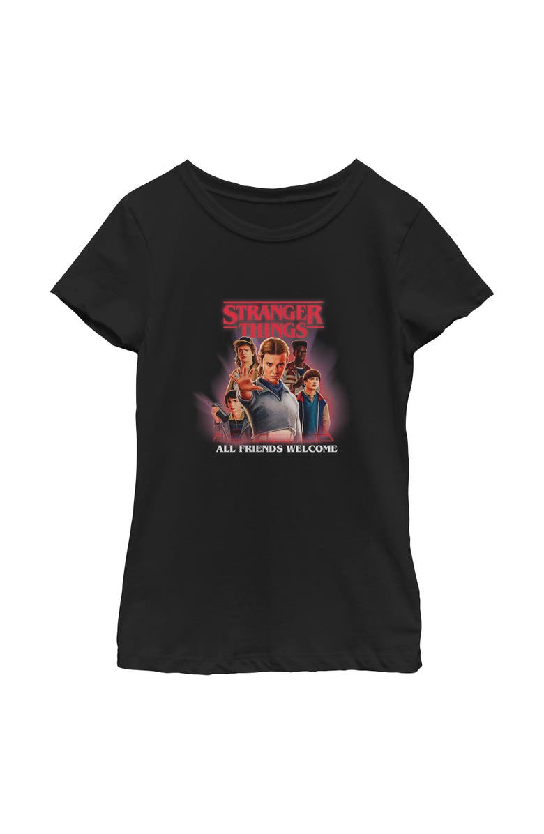 Stranger Things Girl's Stranger Things All Friends Welcome Classic Logo Graphic T-Shirt, Main, color, Black