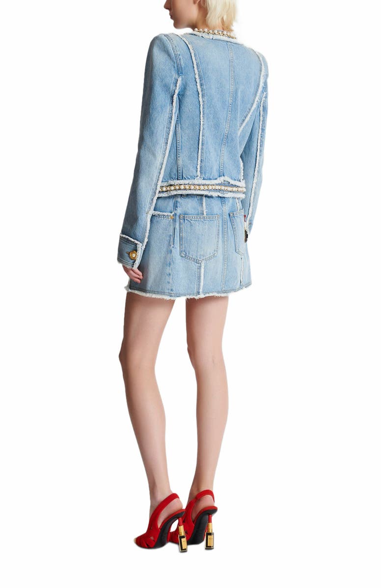 Balmain Denim Jacket With Pearl Trim, Alternate, color, Blue