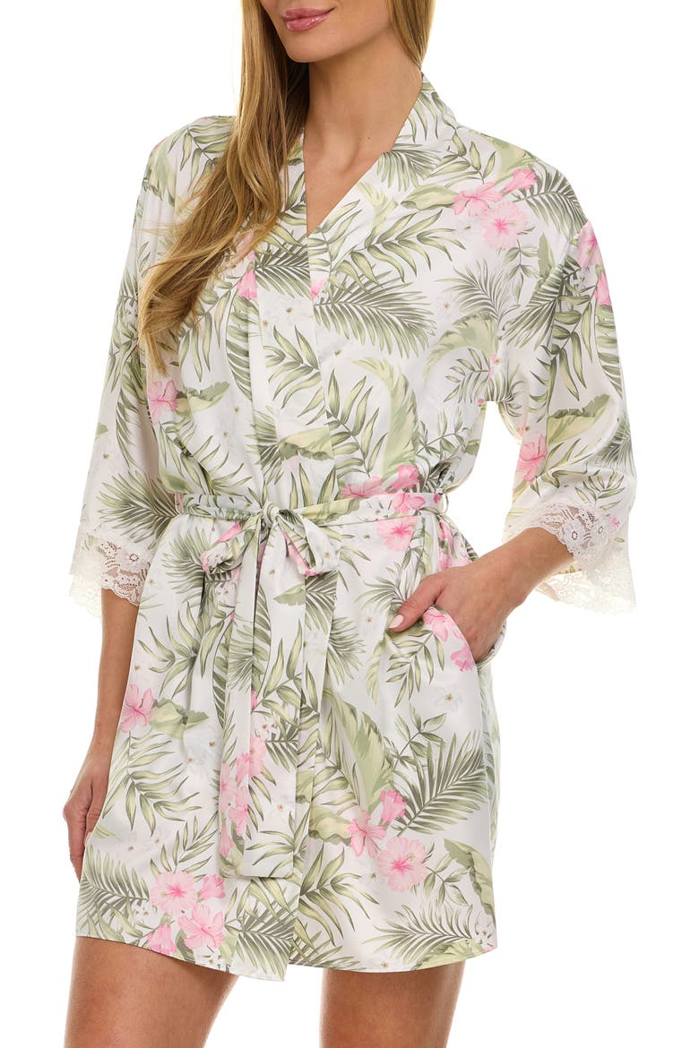 Sabrina Floral Print Satin Short Pajamas & Robe Set, Alternate, color, CREAM