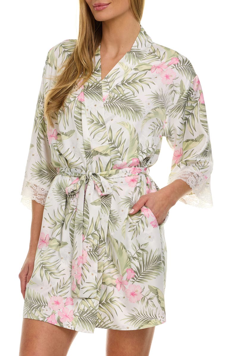 Flora Nikrooz Sabrina Floral Print Satin Short Pajamas & Robe Set, Alternate, color, Cream