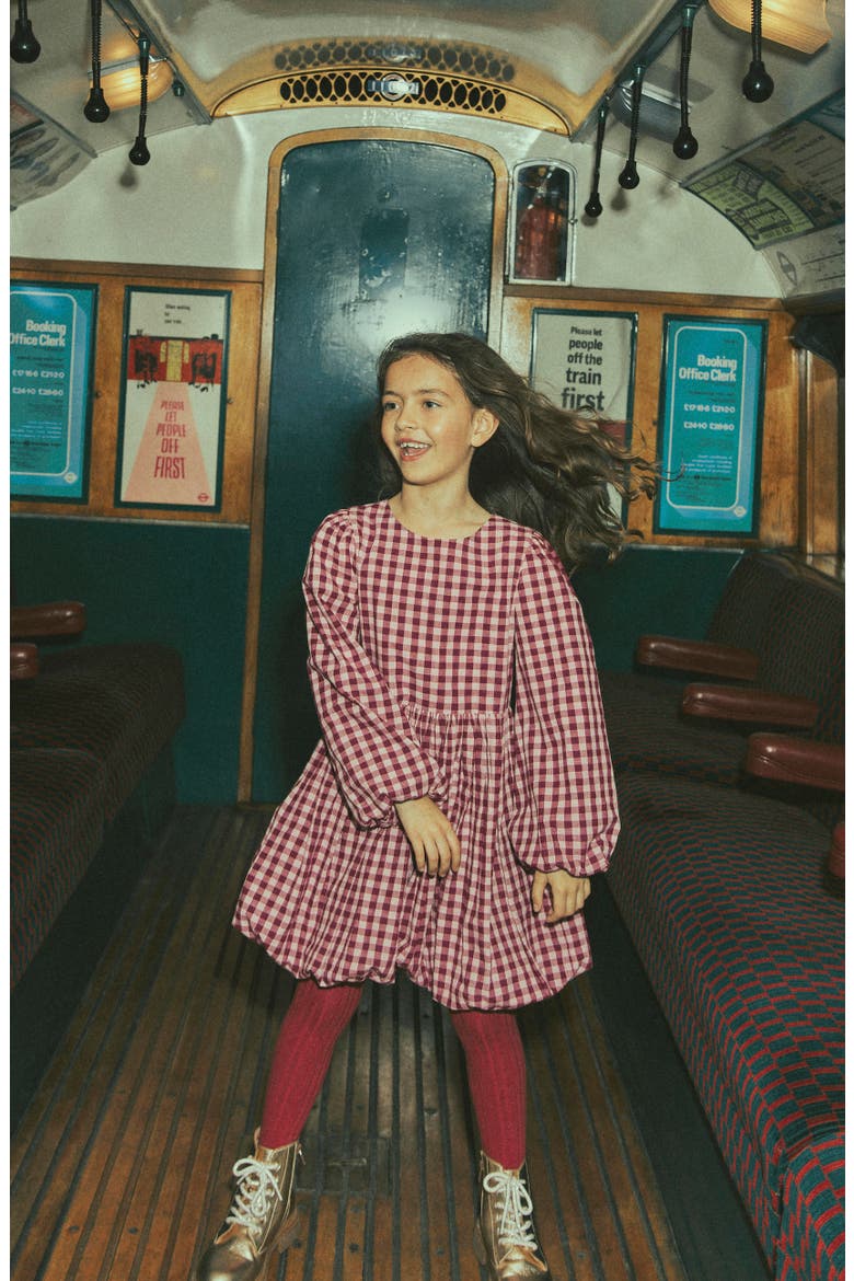 Kids' Check Long Sleeve Bubble Hem Dress, Alternate, color, RED CHECK
