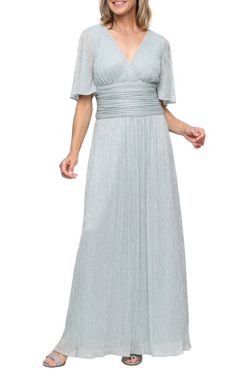 Metallic Surplice Neck A-Line Gown