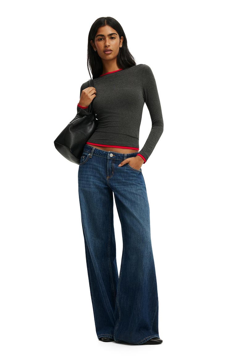 Women's Double Layer Long Sleeve, Alternate, color, Charcoal Marle Red Petal