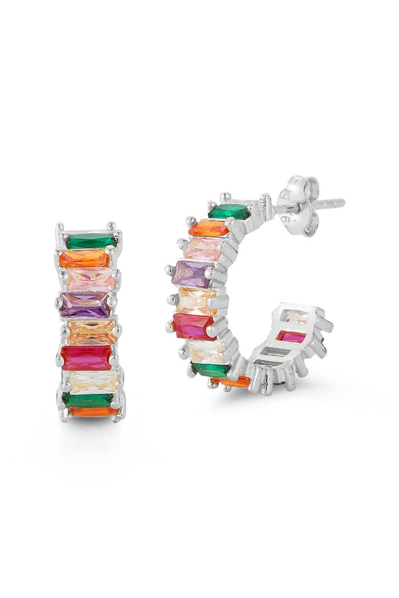 Baguette Cubic Zirconia Hoop Earrings, Main, color, SILVER