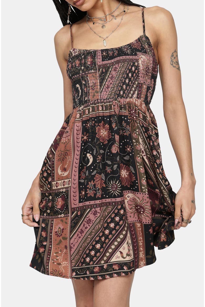 Nola Folk Patchwork Print Mini Dress, Alternate, color, Black
