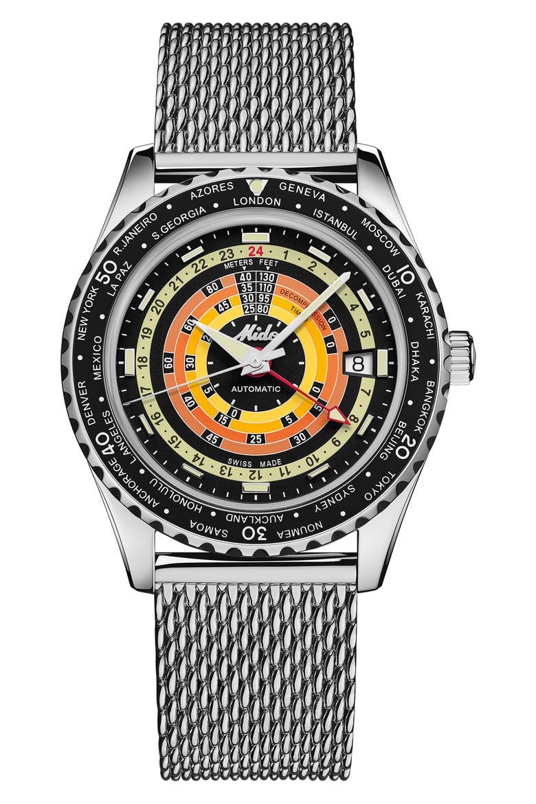 Ocean Star Decompression Worldtimer Bracelet Watch & Rubber Strap Gift Set, 40.5mm, Main, color, BLACK