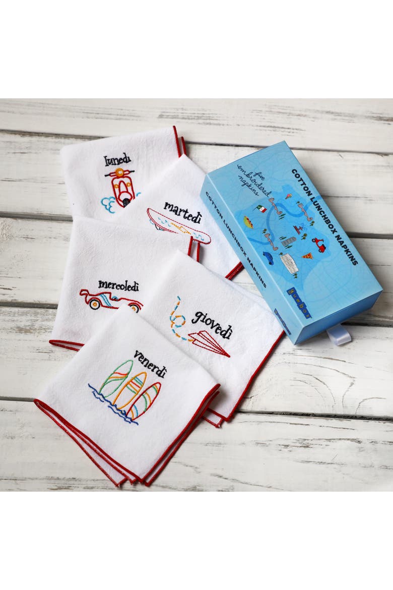 Reusable Embroidered Cotton Napkin Set - Days of the Week in Italian, Alternate, color, Blue