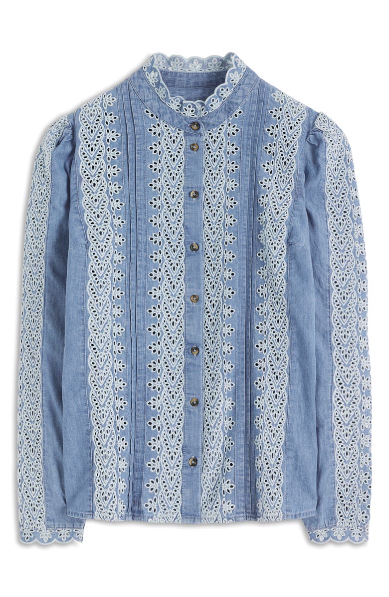 Boden Embroidered Denim Button-Up Blouse, Alternate, color, Chambray