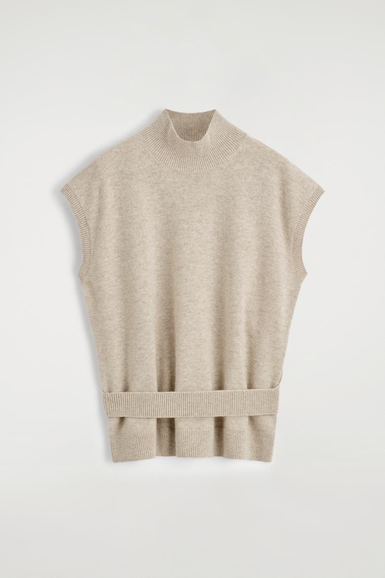 Belt-Detail Mock-Neck Wool Vest, Alternate, color, BEIGE MÉLANGE