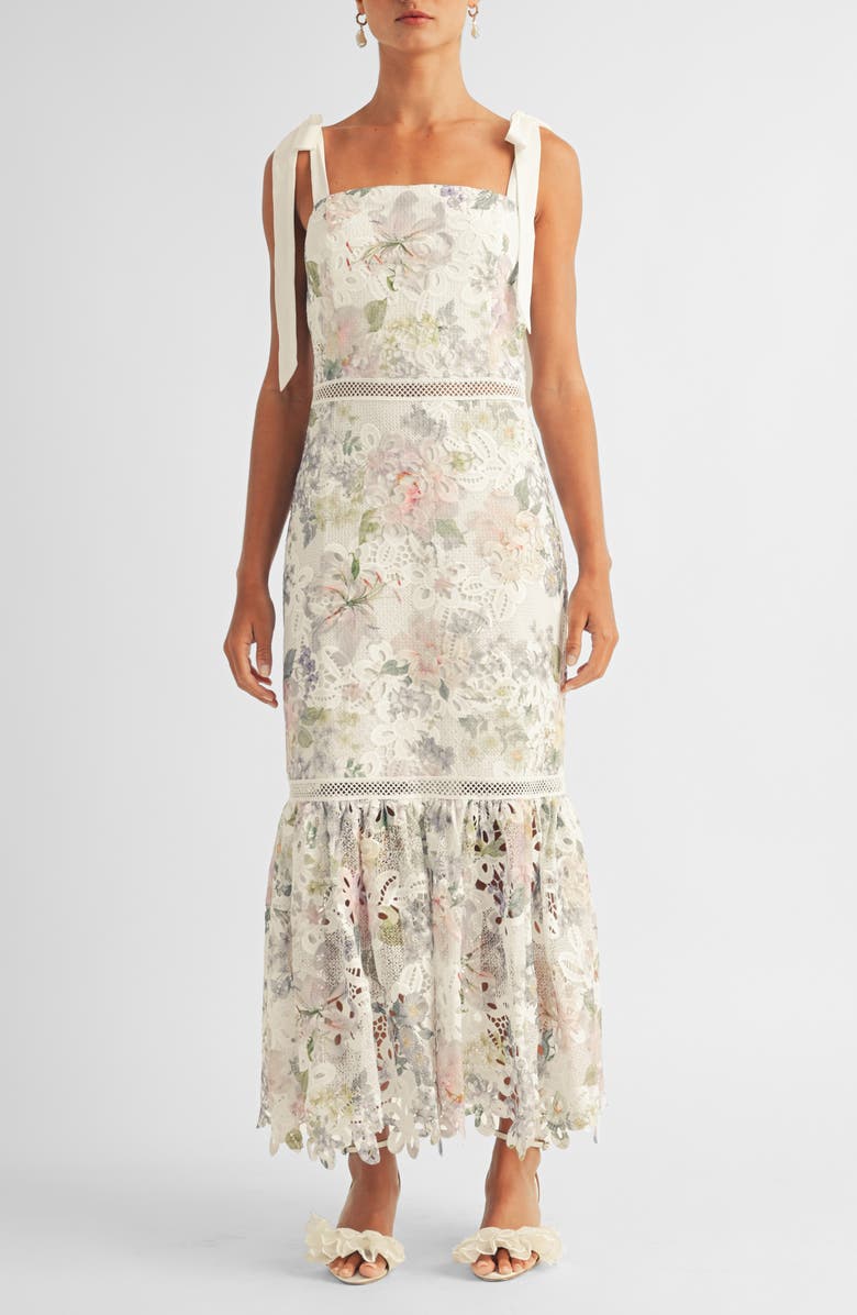 Arose Studio Madison Floral Lace Tie Strap Sleeveless Midi Dress, Main, color, White Multi