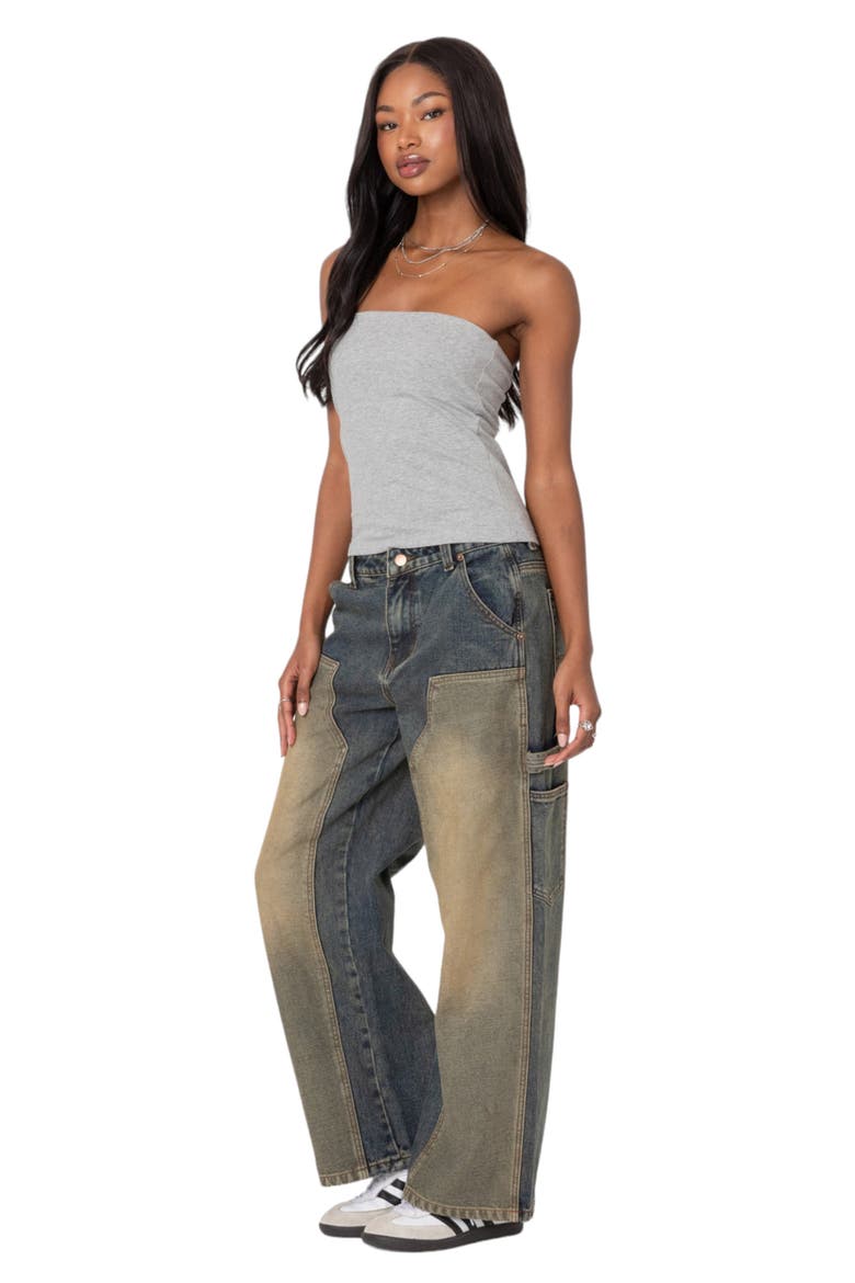 Contrast Panel Low-Rise Baggy Jeans, Alternate, color, BLUE-WASHED