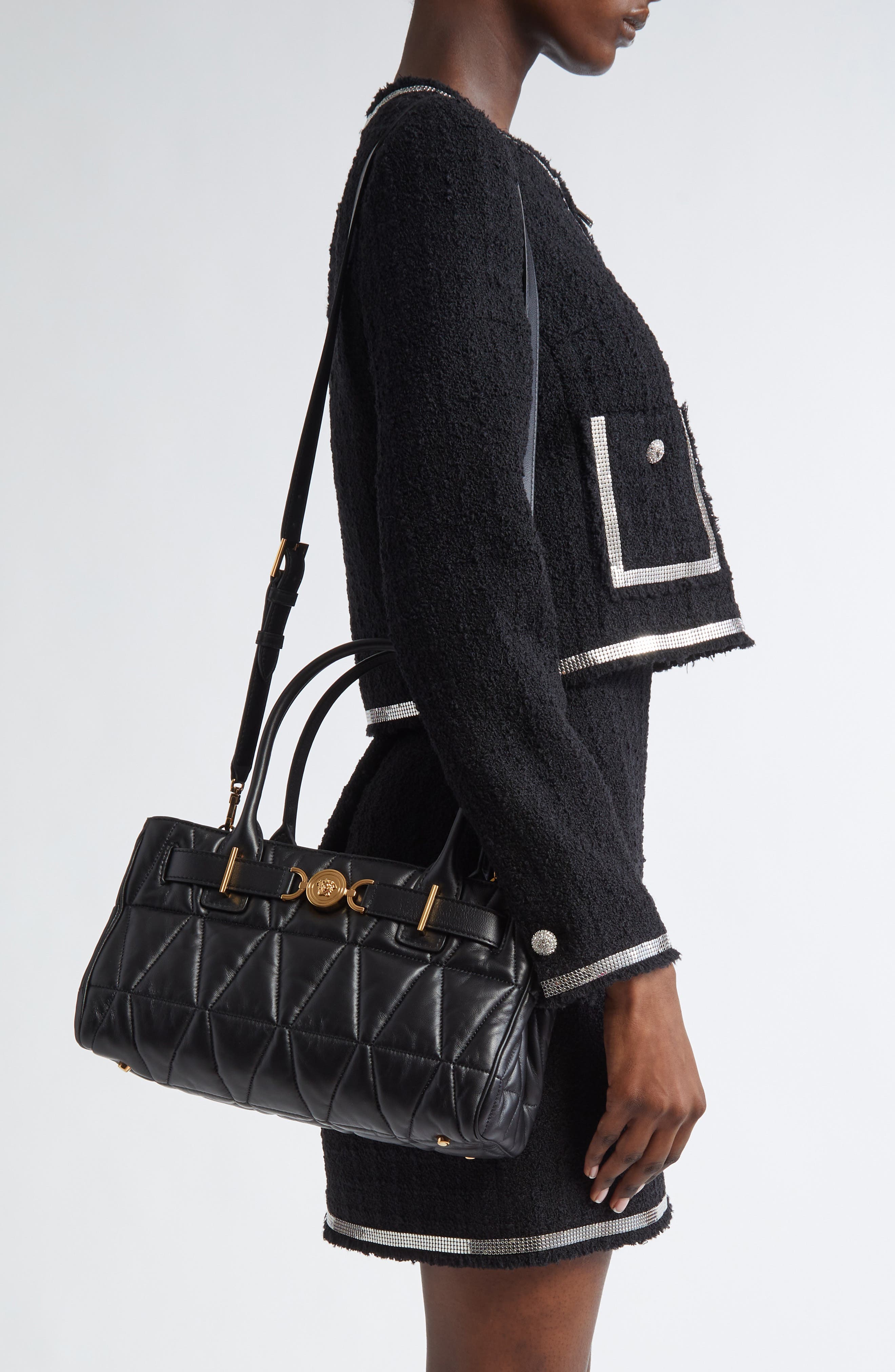 Versace Medium Medusa '95 Quilted Leather Tote, Alternate, color, Black Versace Gold