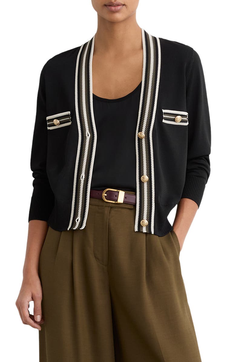 Reiss Danni Embroidered Cardigan, Main, color, Black/ Khaki Gre