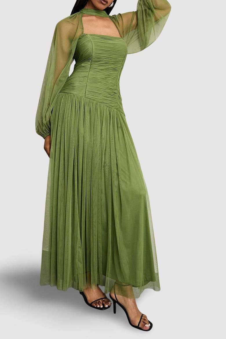 Bow Detail Gathered Tulle Maxi Dress, Alternate, color, Green