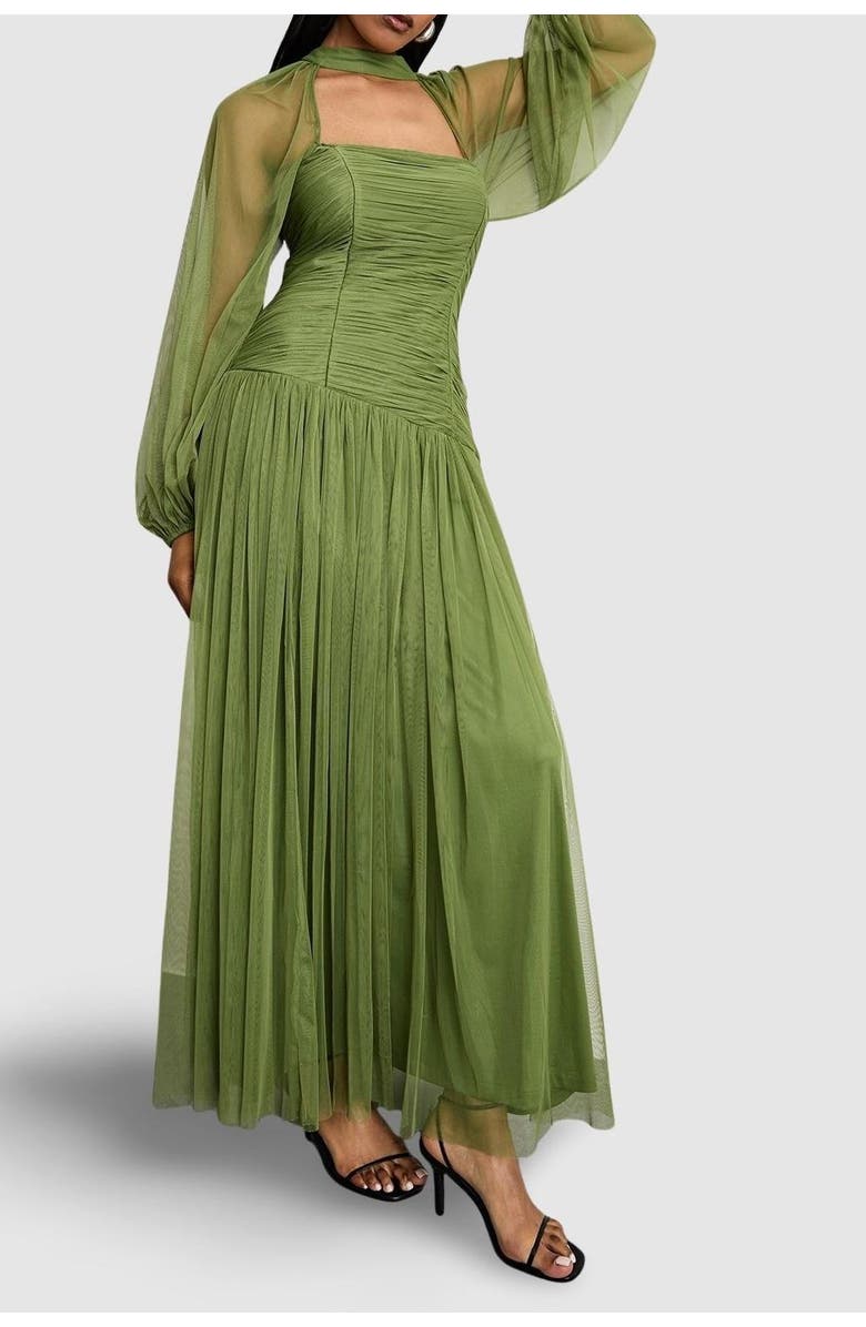 Warehouse Bow Detail Gathered Tulle Maxi Dress, Alternate, color, Green