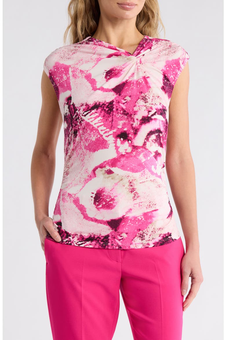 Asymmetrical Ruched Knit Top, Main, color, HOT PINK/ PEBBLE COMBO