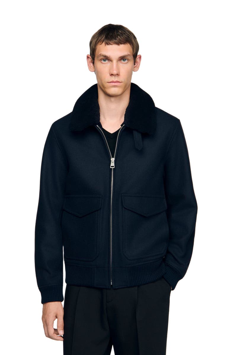SANDRO Wool aviator jacket with shearling, Main, color, Navy Blue