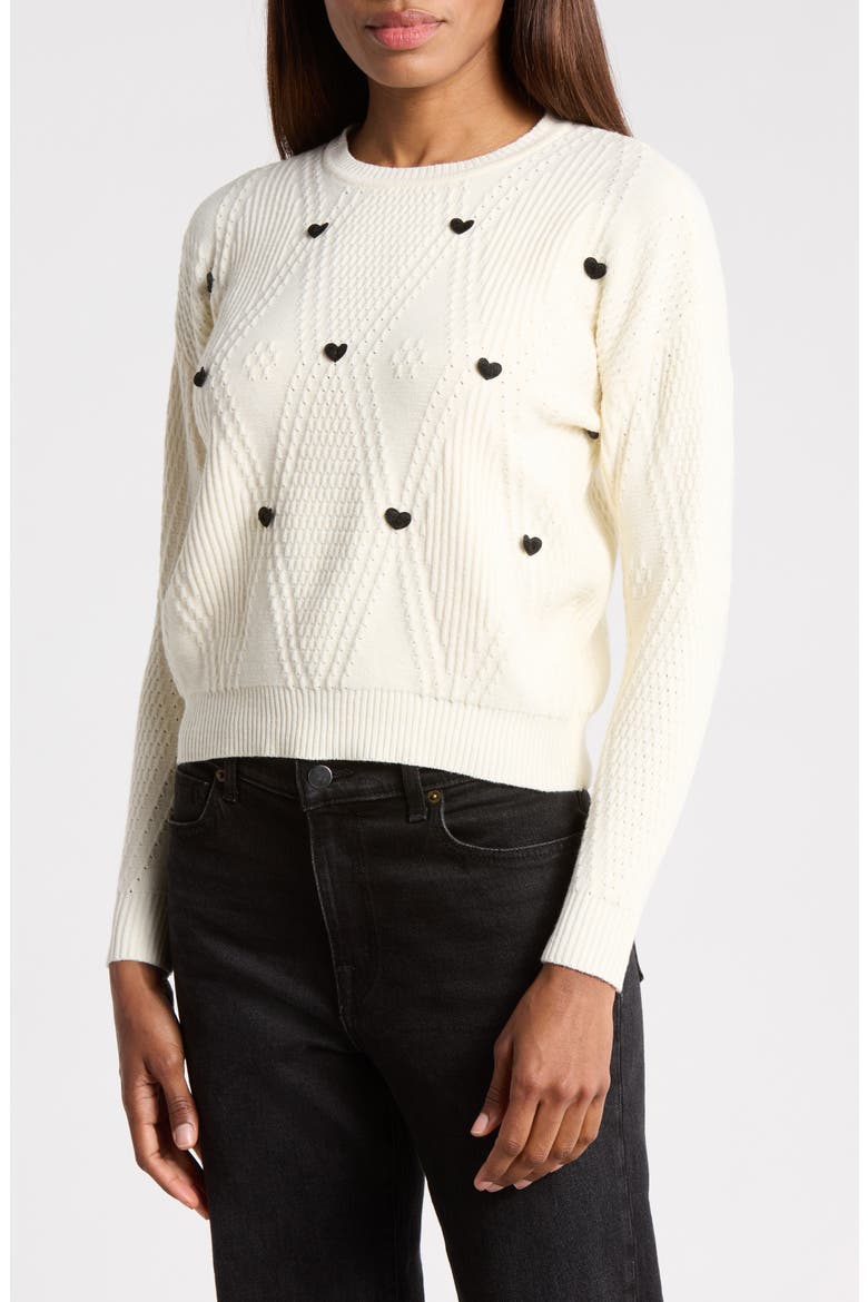 3D Heart Sweater, Main, color, CANNOLI CREAM/ VERY BLACK
