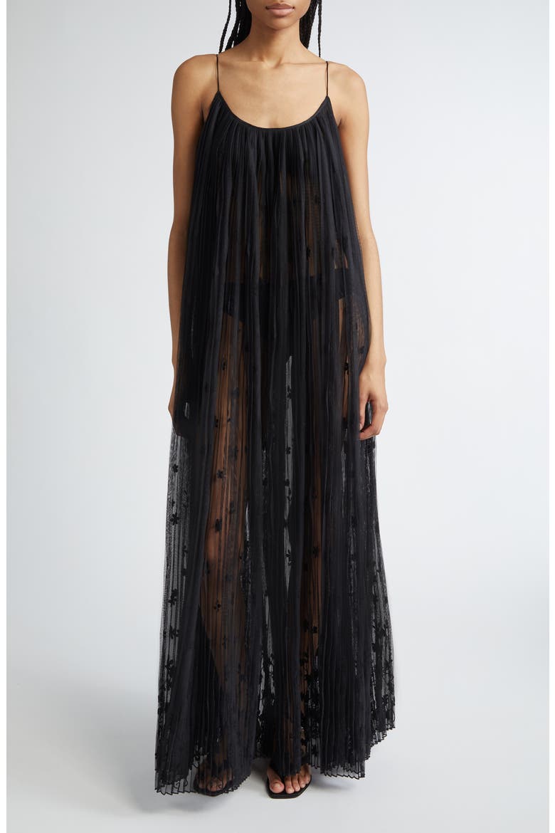 Floral Plissé Tulle Maxi Dress, Main, color, BLACK