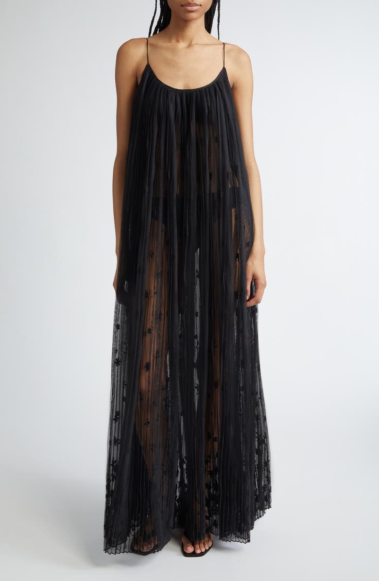 TOTEME Floral Plissé Tulle Maxi Dress, Main, color, Black